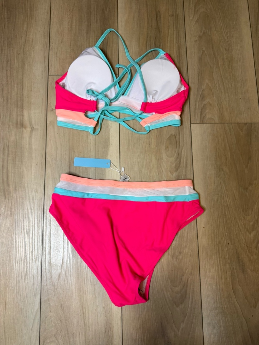Neon Pink Bikini Set POPVIL Size Small Colorblock Bright Summer Swim NWT - Picture 3 of 4